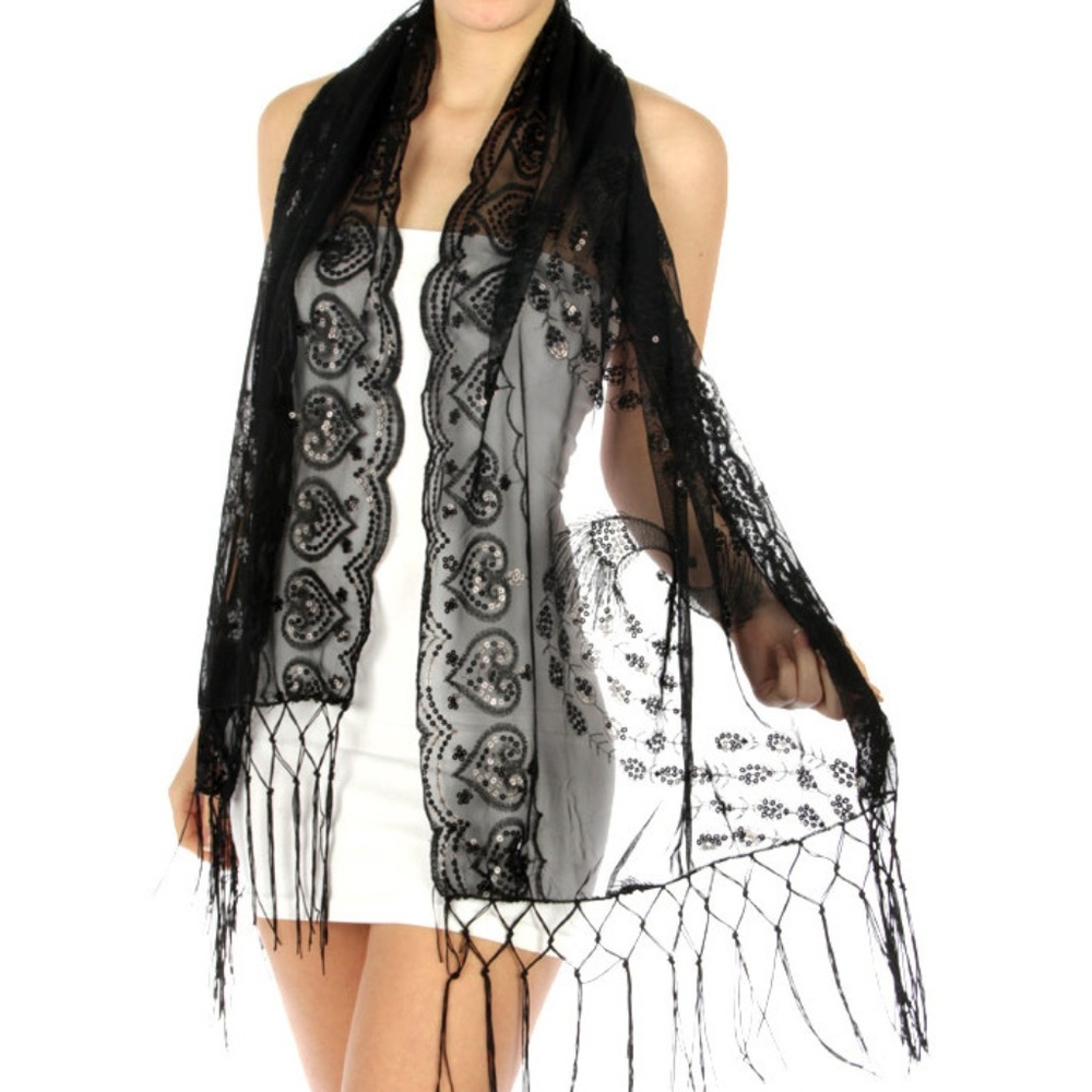 Black Sequin Heart Peacock Fringed Scalloped Evening Wrap Shawl Prom Wedding NWT